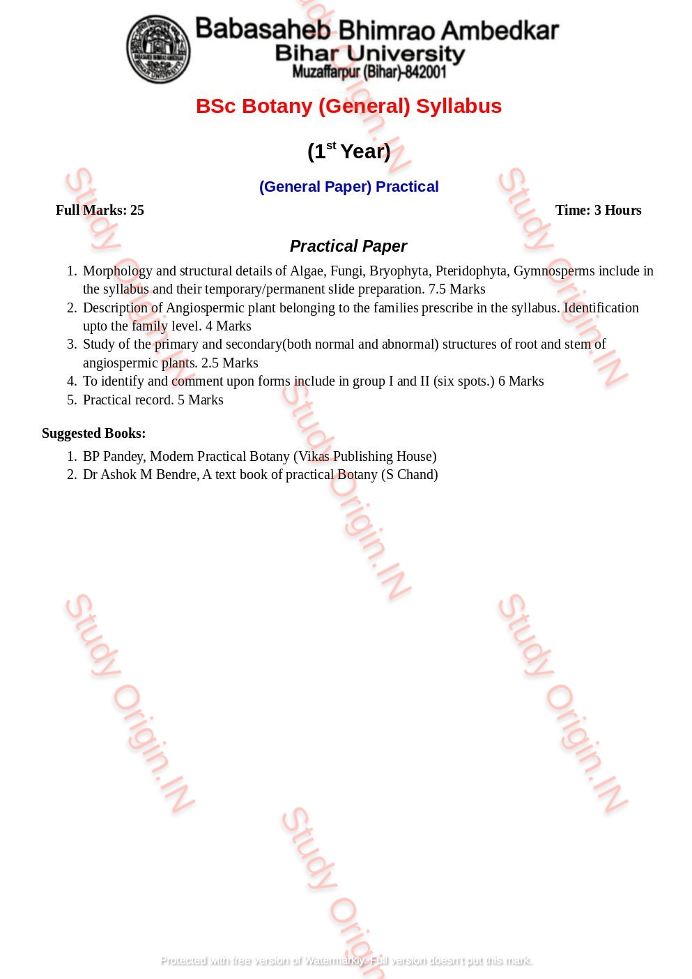 BRABU BSc Botany 1st Year General Syllabus - Study Origin.IN