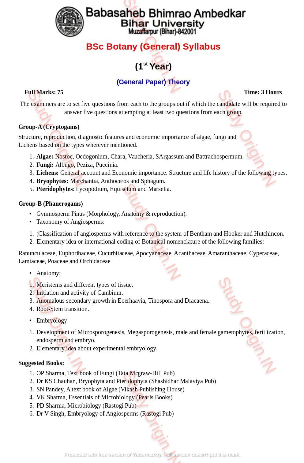 BRABU BSc Botany 1st Year General Syllabus - Study Origin.IN