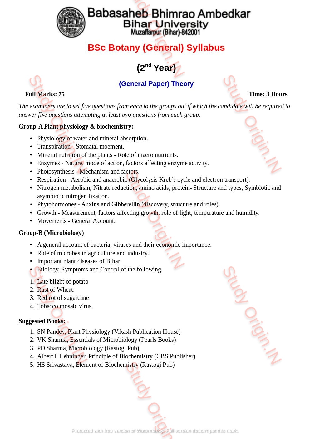 BRABU BSc Botany 2nd Year General Syllabus - Study Origin.IN