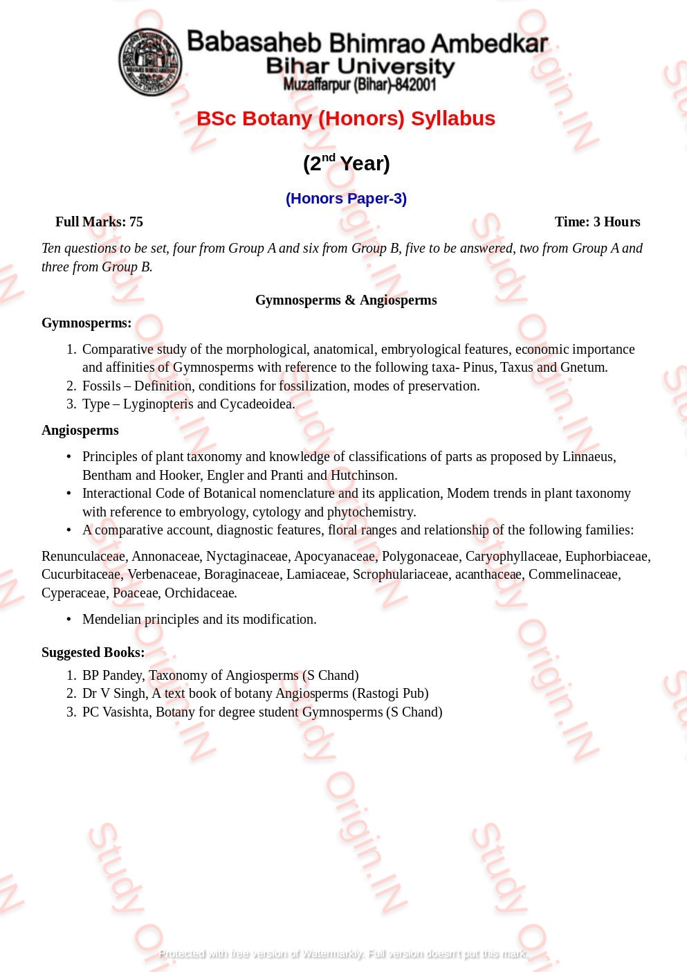 BRABU BSc Botany Part-2 Syllabus/ Theory/ Practical - Study Origin.IN