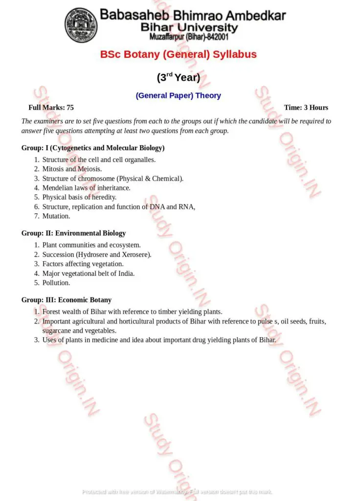 BRABU BSc Botany Part-3 General Theory Syllabus