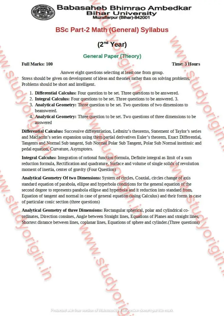 BRABU BSc Math Part-2 General Paper Syllabus