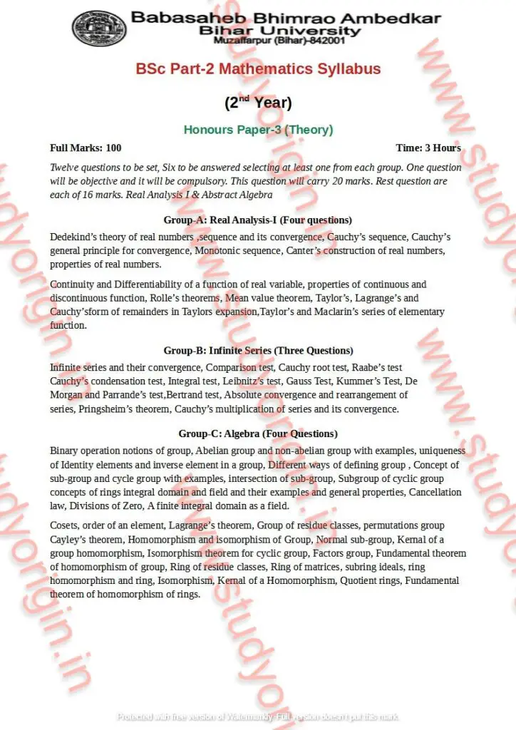 BRABU BSc Math Part-2 Syllabus (Honors Paper-3)