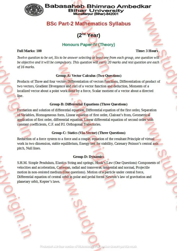 BRABU BSc Math Part-2 Syllabus (Honors Paper-4)