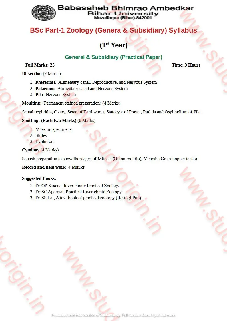 BRABU BSc Zoology 1st Year Syllabus/ General /Subsidiary - Study Origin.IN