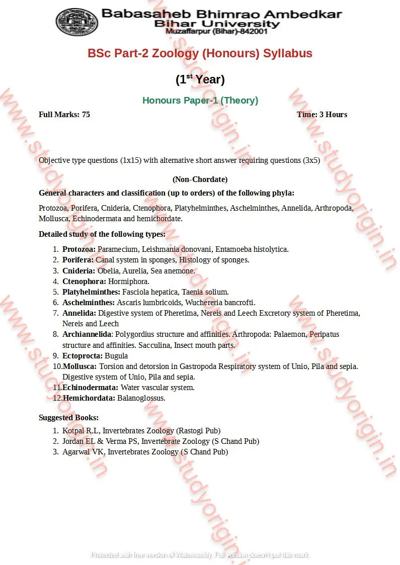 BRABU BSc Zoology Part-1 Syllabus/ Theory / Practical - Study Origin.IN