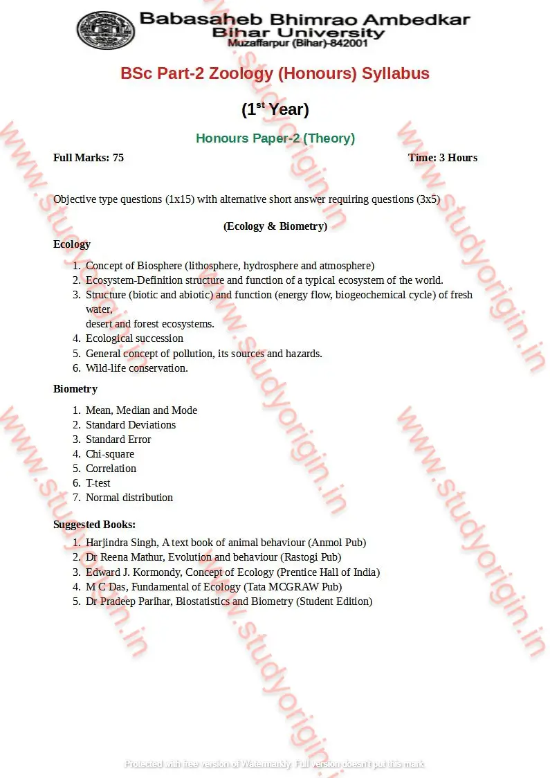 BRABU BSc Zoology Part-1 Syllabus/ Theory / Practical - Study Origin.IN