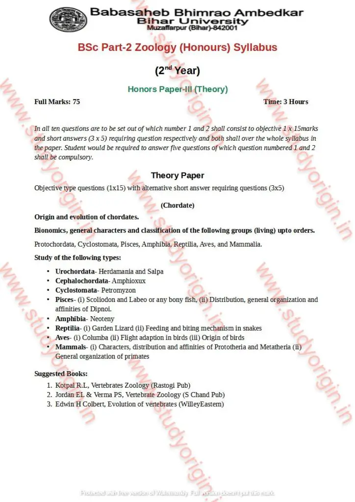 BRABU BSc Zoology Part-2 Honors Paper-3 Syllabus-PDF
