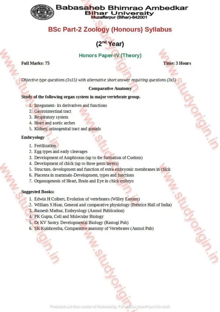 BRABU BSc Zoology Part-2 Honors Paper-4 Syllabus-PDF
