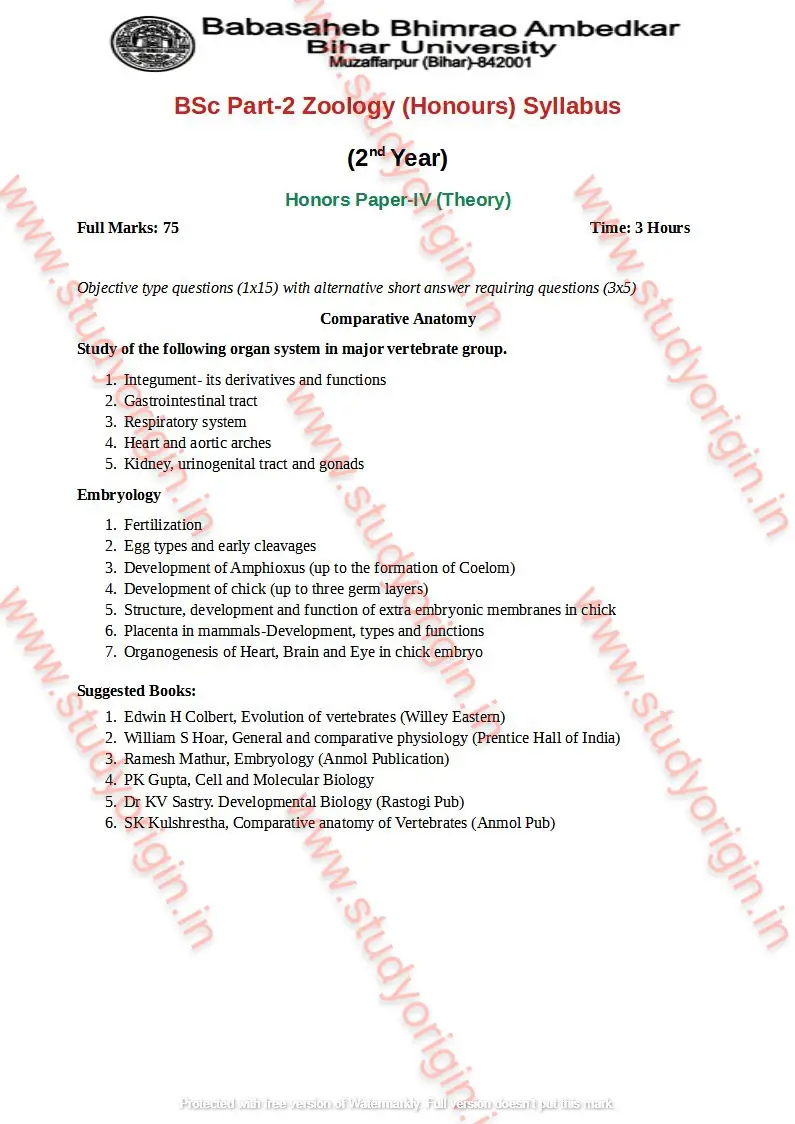 BRABU BSc Zoology Part-2 Syllabus/ Theory/ Practical - Study Origin.IN