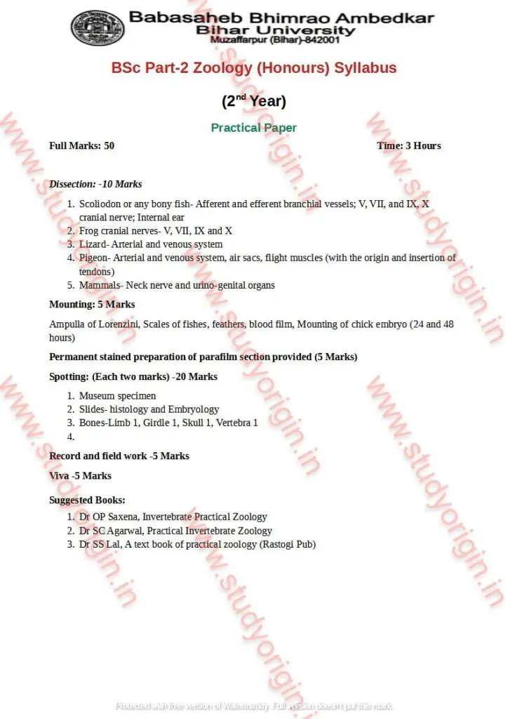 BRABU BSc Zoology Part-2 Practical Syllabus-PDF