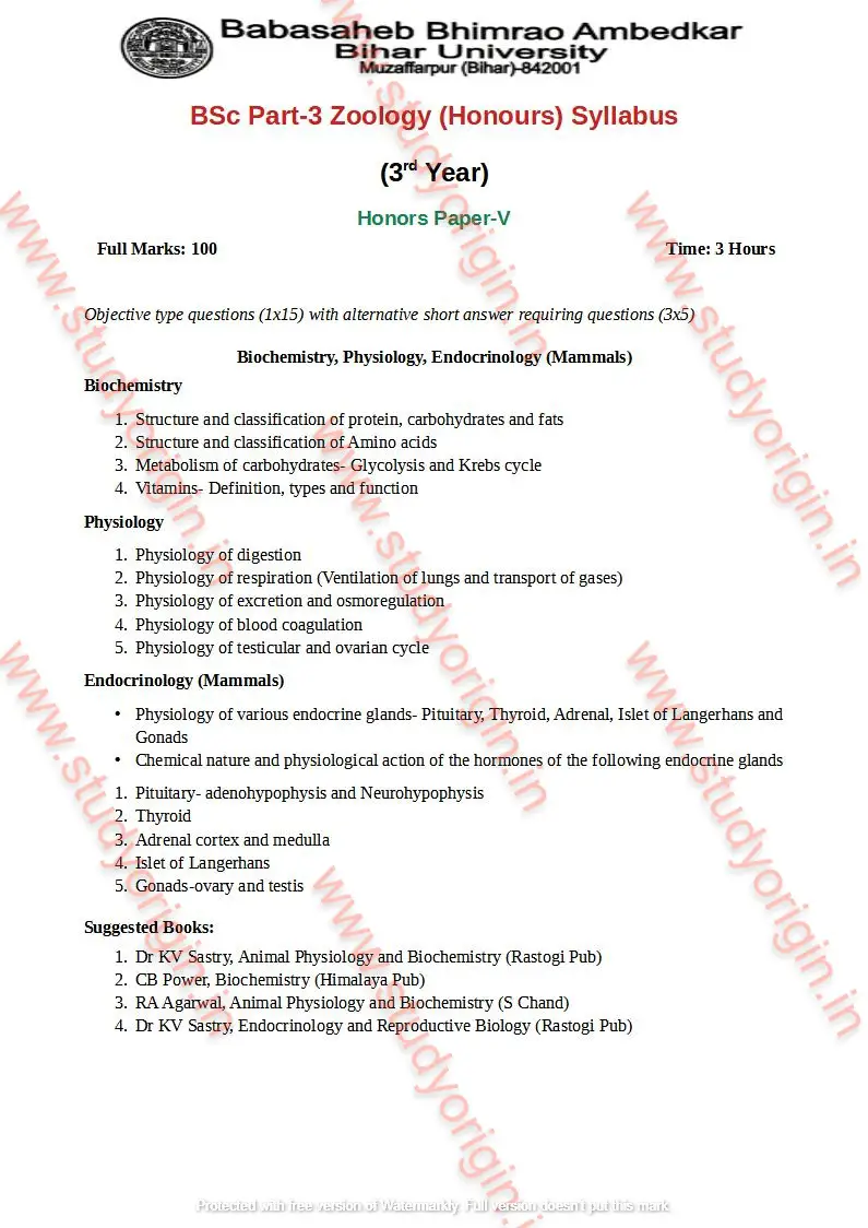 BRABU BSc Zoology Part-3 Syllabus/ Theory/ Practical - Study Origin.IN