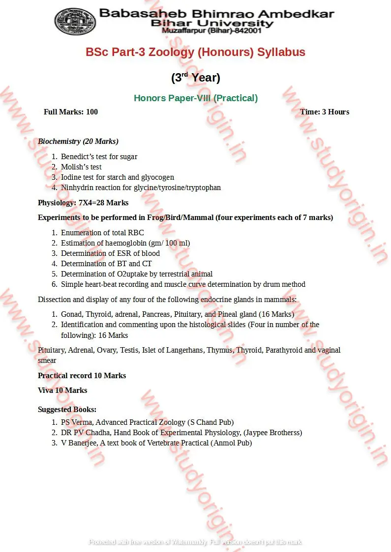 BRABU BSc Zoology Part-3 Syllabus/ Theory/ Practical - Study Origin.IN