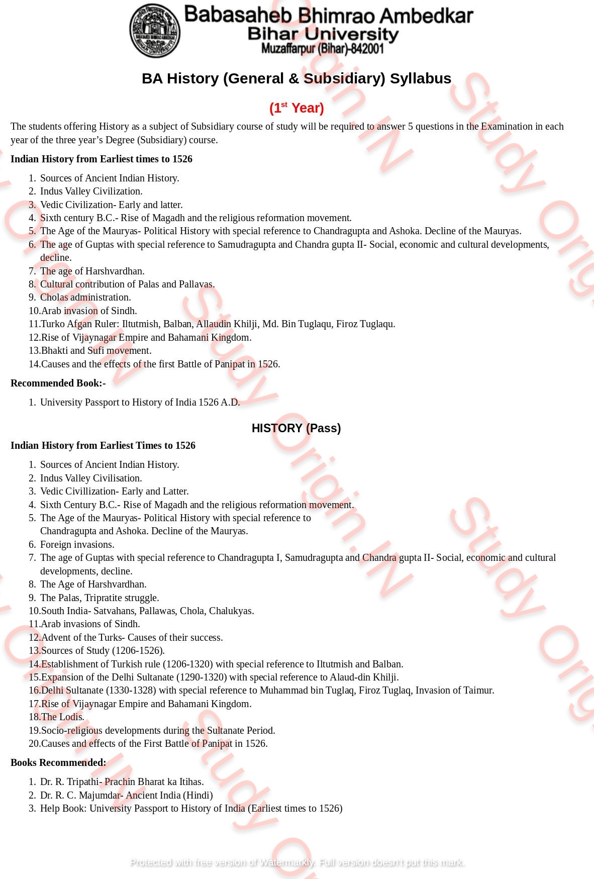 BRABU BA History 1st Year Syllabus (General & Subsidiary) - Study Origin.IN