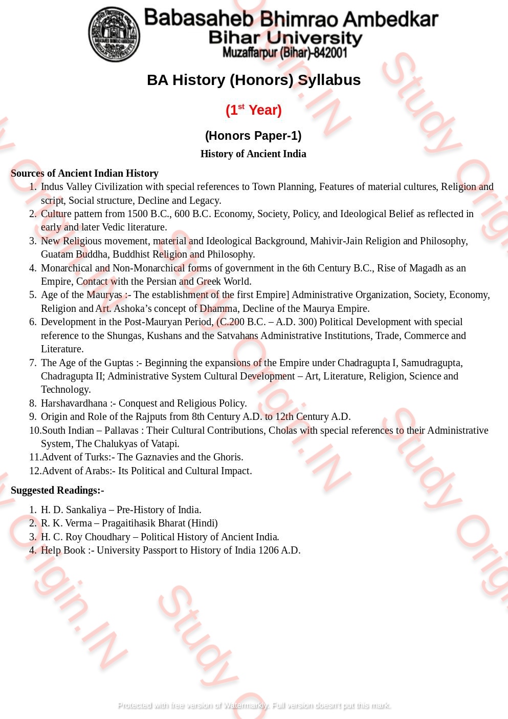 BRABU BA History Honors Part-1 Syllabus Paper-1, 2 - Study Origin.IN