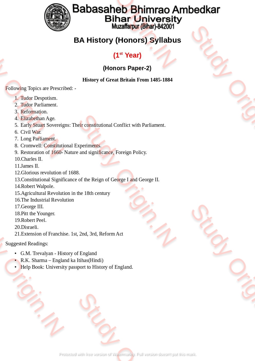 BRABU BA History Honors Part-1 Syllabus Paper-1, 2 - Study Origin.IN