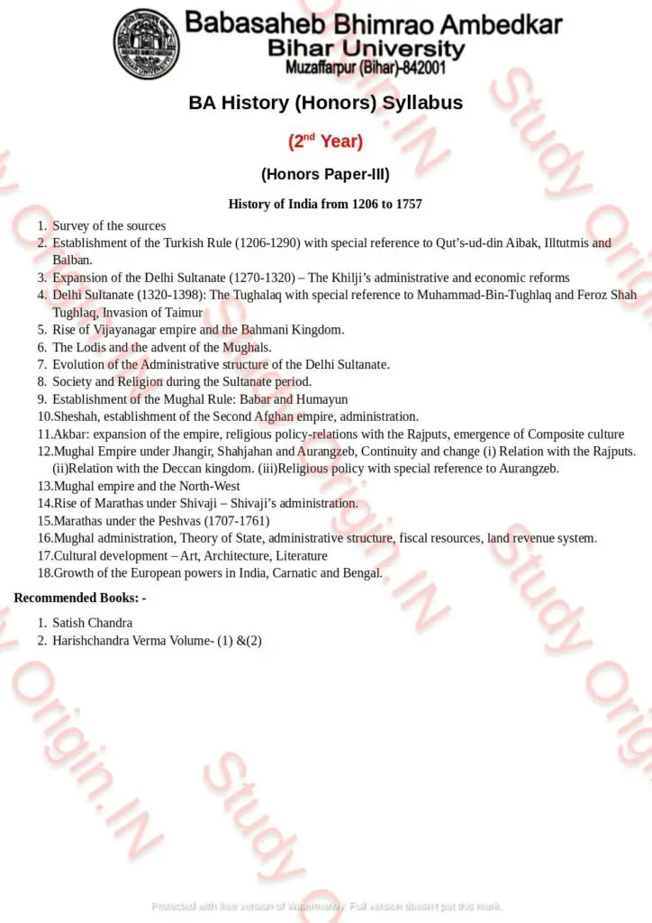 BRABU BA History Part-1 Syllabus Honors Paper-3