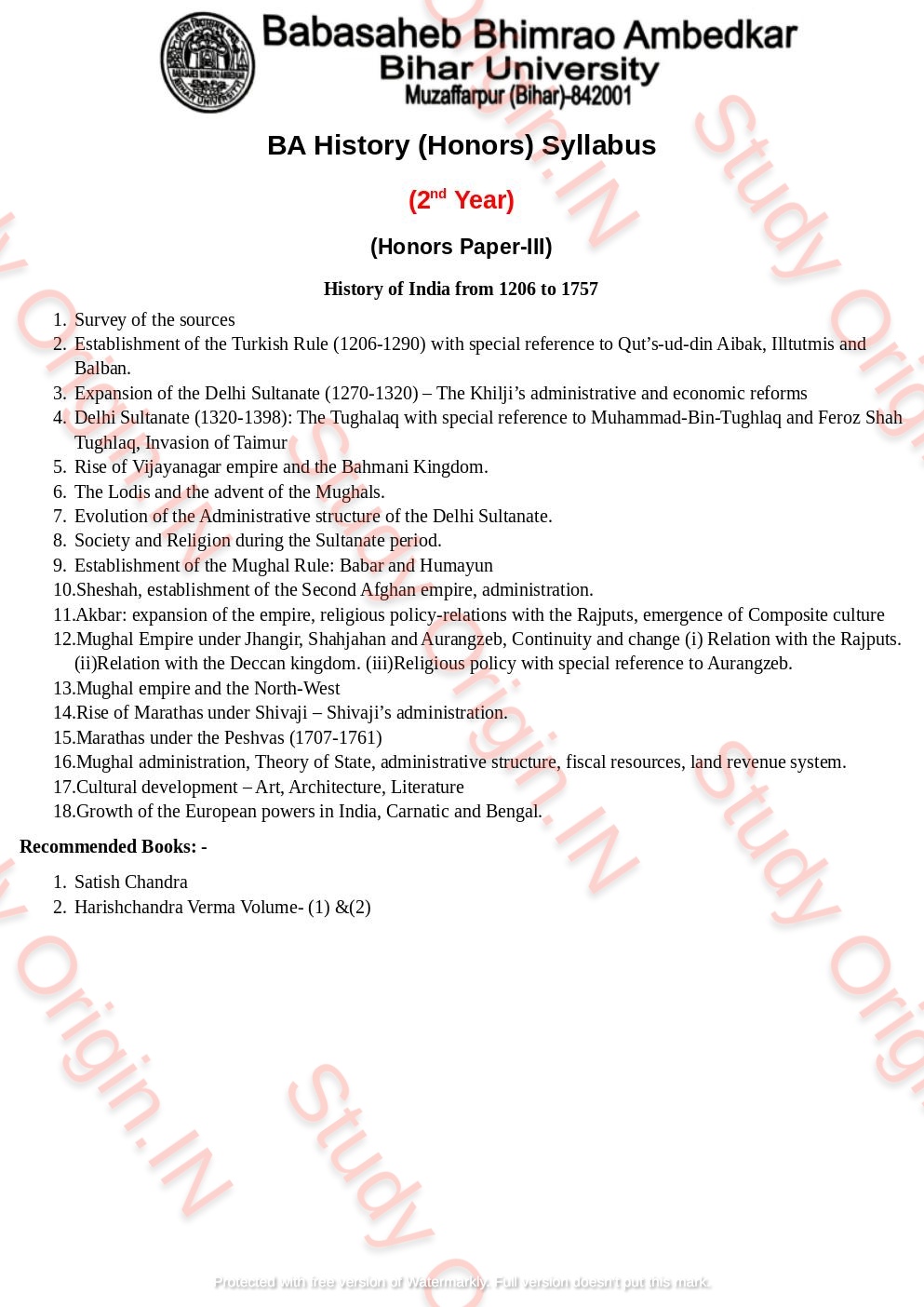 BRABU BA History Part-2 Syllabus (Honors Paper-3 & 4) - Study Origin.IN