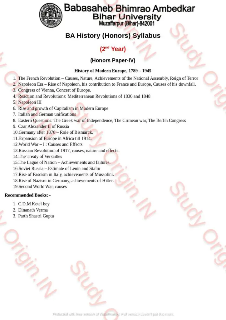 BRABU BA History Part-1 Syllabus Honors Paper-4
