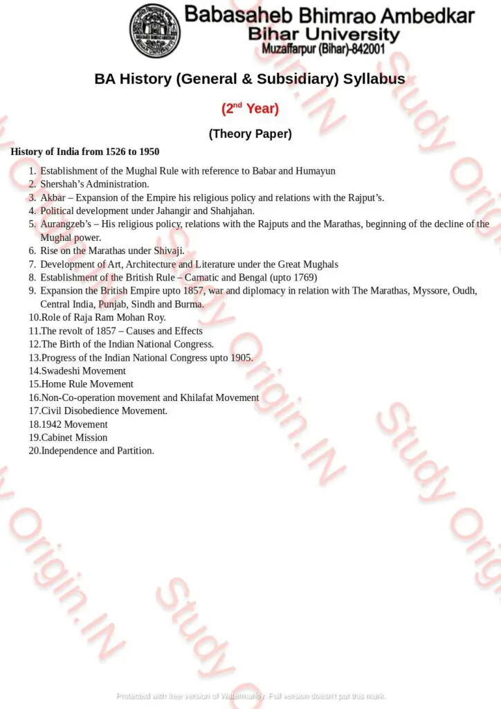 BRABU BA History Part-2 Syllabus (General & Subsidiary)