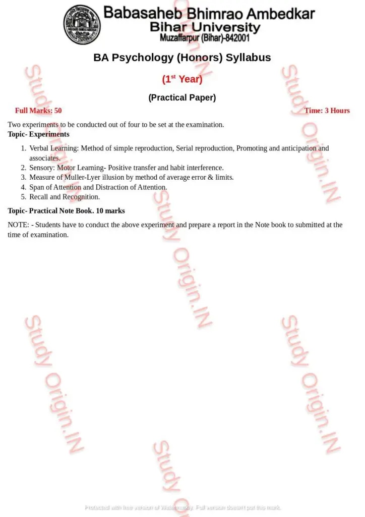BRABU BA Psychology Part-1 Practical Syllabus