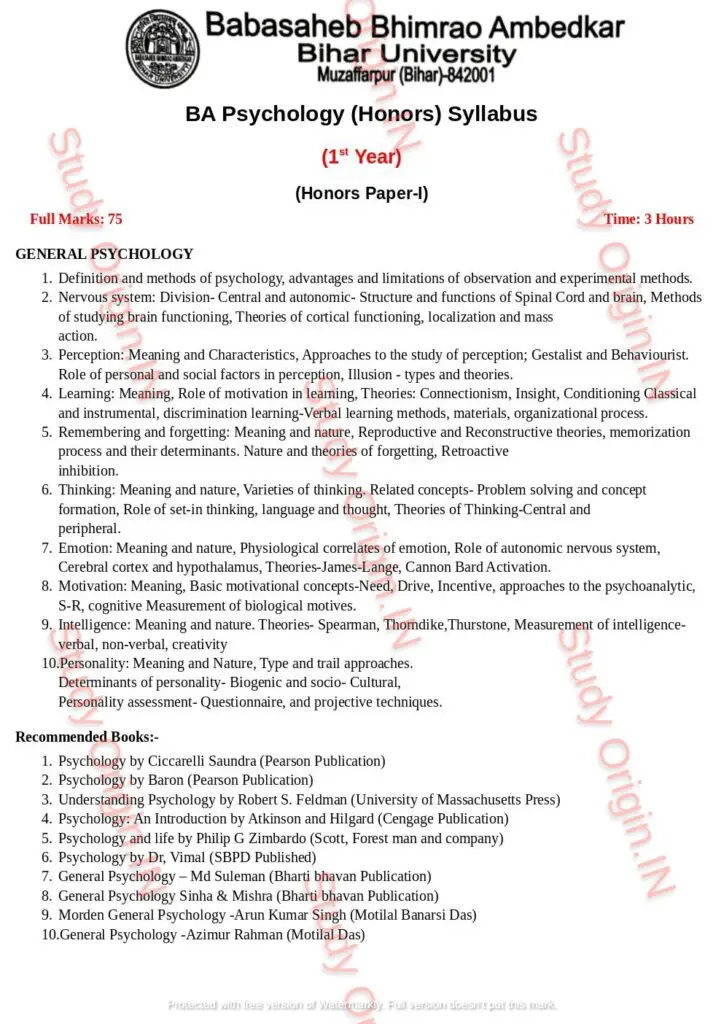 BRABU BA Psychology Part-1 Syllabus (Honors Paper-1) Theory