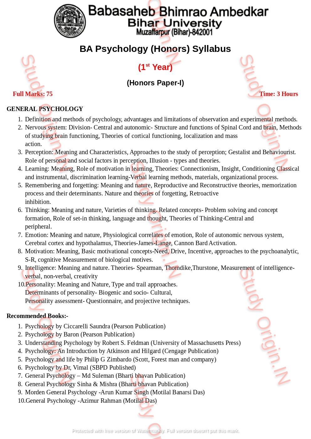 BRABU BA Psychology Part-1 Syllabus (Theory & Practical) - Study Origin.IN