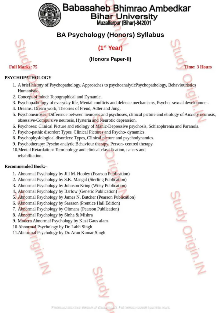 BRABU BA Psychology Part-1 Syllabus (Honors Paper-2) Theory