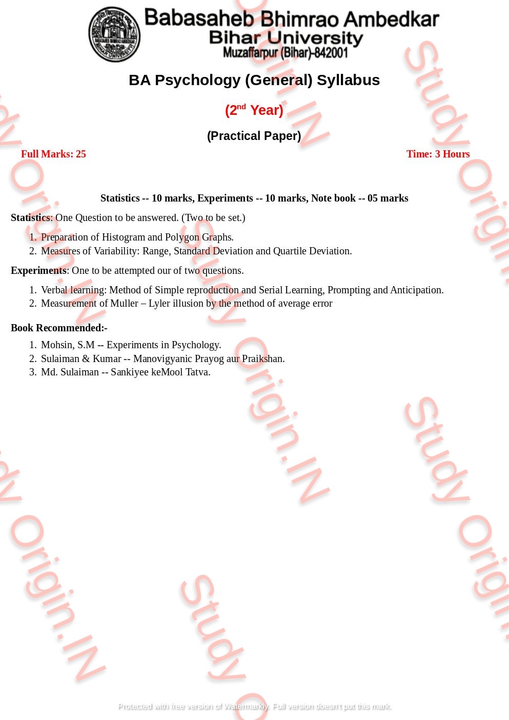 BRABU BA Psychology 2nd Year General Syllabus (Theory & Practical ...