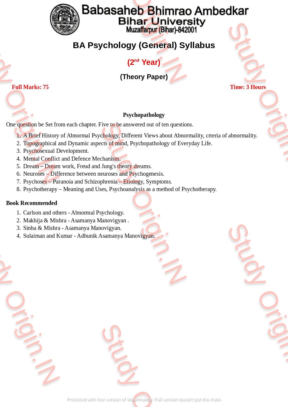 BRABU BA Psychology 2nd Year General Syllabus (Theory & Practical ...