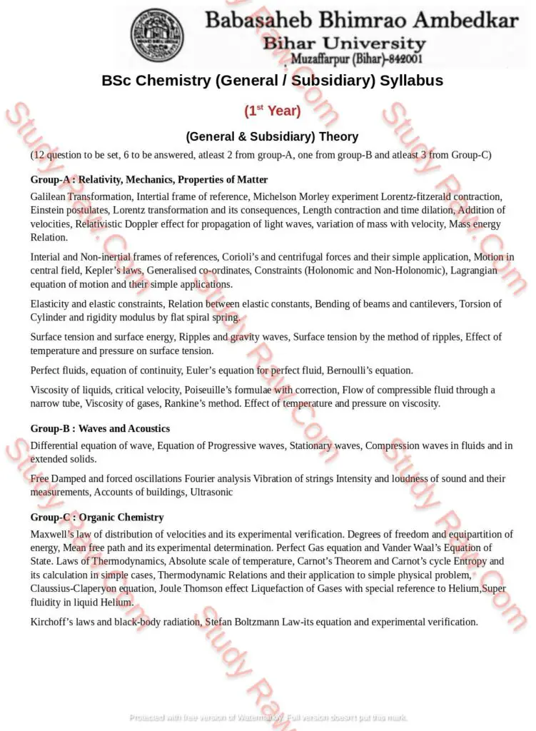 BRABU BSc Chemistry 1st Year Syllabus (General & Subsidiary) Theory