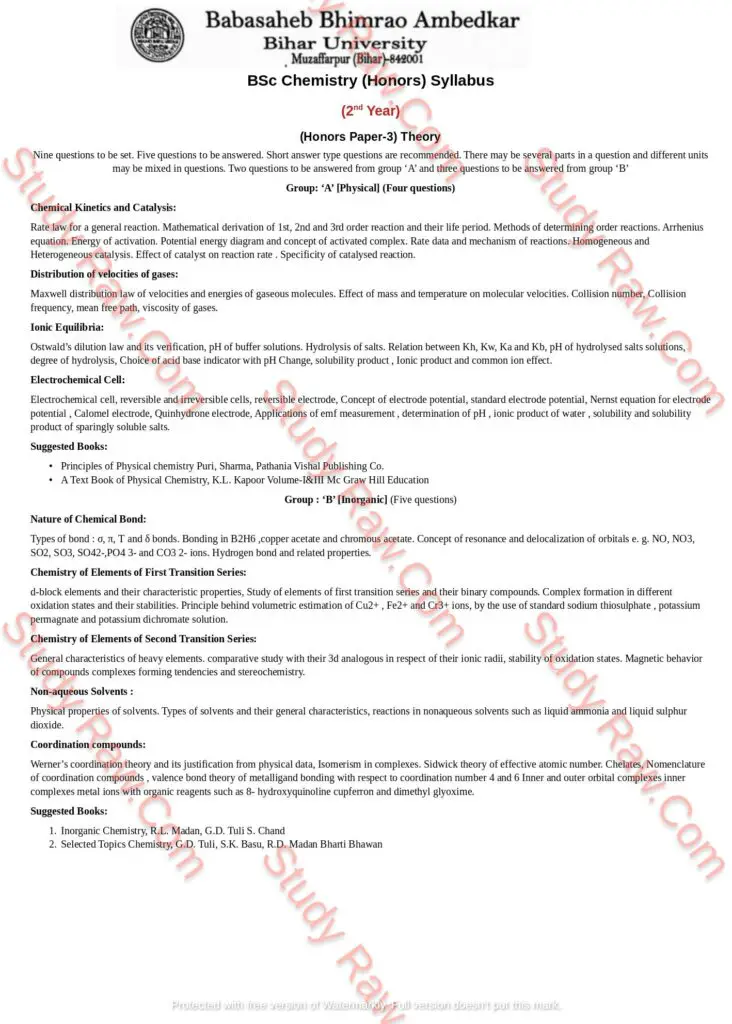 BRABU BSc Chemistry Part-2 Syllabus Honors Paper-3