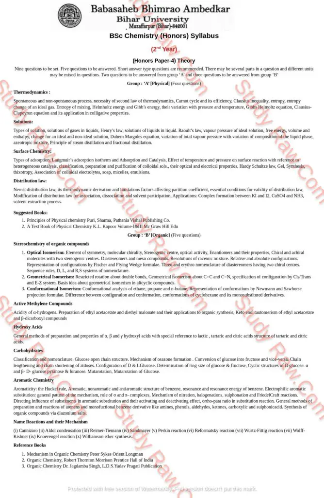 BRABU BSc Chemistry Part-2 Syllabus Honors Paper-4