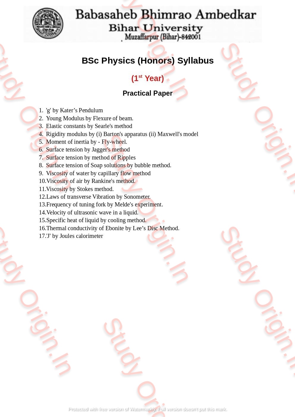 BRABU BSc Physics Part-1 Syllabus/ Theory/ Practical - Study Origin.IN